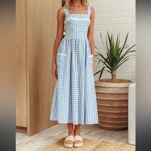 Blue Gingham Maxi Dress/ Moon River Blue Gingham Smocked Midi Dress – Size S,